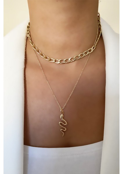 Iki Sıralı Yılan Figür Gold Kolye