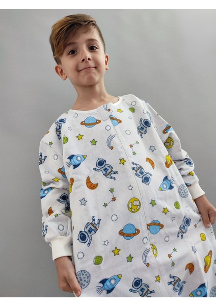 Pamuk Pazen Uzun Kollu Unisex Kışlık Çocuk Uyku Tulumu %100 Pamuk Uzay Desenli 20-24 Derece 1 Tog fırsatları