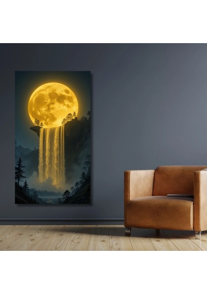 Hd Digital Baskı Ay Işığı Gece Şelale Doğa Orman Desenli Kanvas Tablo
