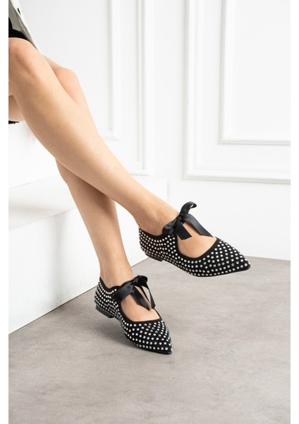 Nina Siyah Sivri Burun Taşlı Kurdele Detaylı Kadın Babet fiyatları