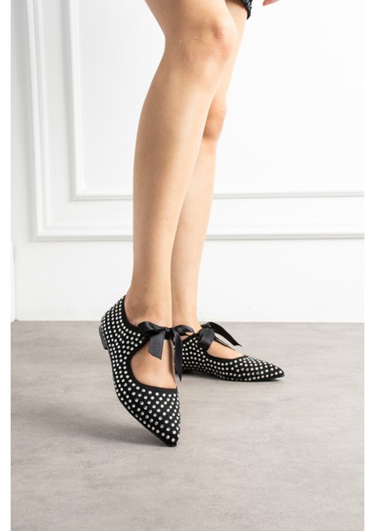 Nina Siyah Sivri Burun Taşlı Kurdele Detaylı Kadın Babet modelleri