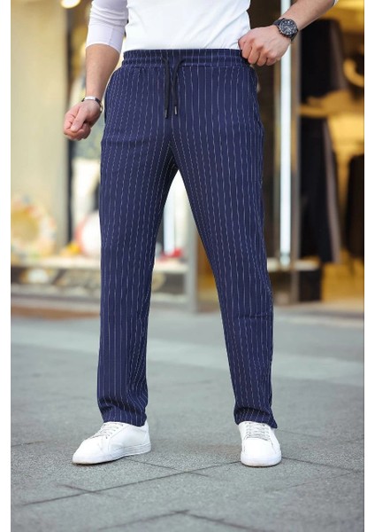 Erkek Cizgili Dokuma Krep Jogger Buggy Pantalon Rahat Kalıp - Lacivert
