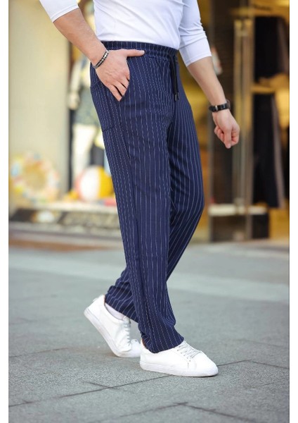 Erkek Cizgili Dokuma Krep Jogger Buggy Pantalon Rahat Kalıp - Lacivert modelleri
