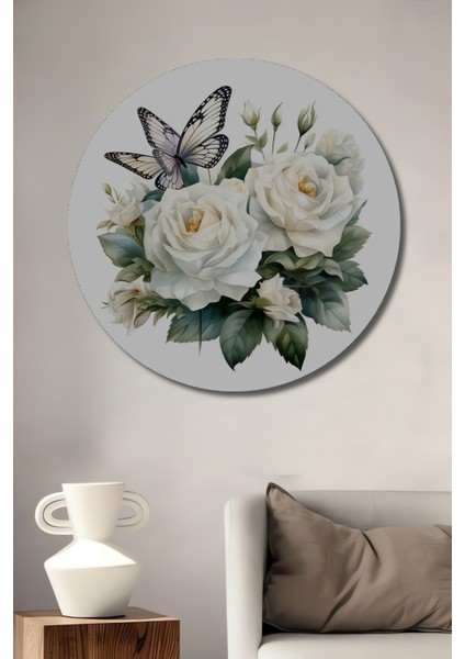Beyaz Gül ve Kelebek Sulu Boya Görünümlü Dekoratif Ahşap Tablo Yuvarlak Tablo
