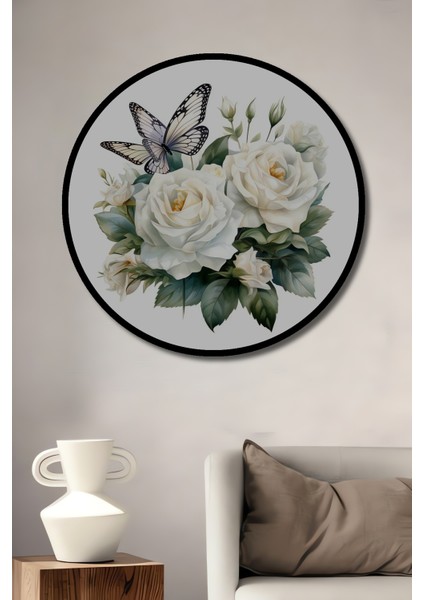 Beyaz Gül ve Kelebek Sulu Boya Görünümlü Dekoratif Ahşap Tablo Yuvarlak Tablo fiyatları