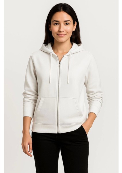 Üç Iplik Kapüşonlu Tam Fermuarlı Kanguru Çepli Sweatshirt Hoodie - Beyaz