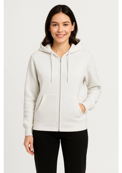 Üç Iplik Kapüşonlu Tam Fermuarlı Kanguru Çepli Sweatshirt Hoodie - Beyaz fırsatları