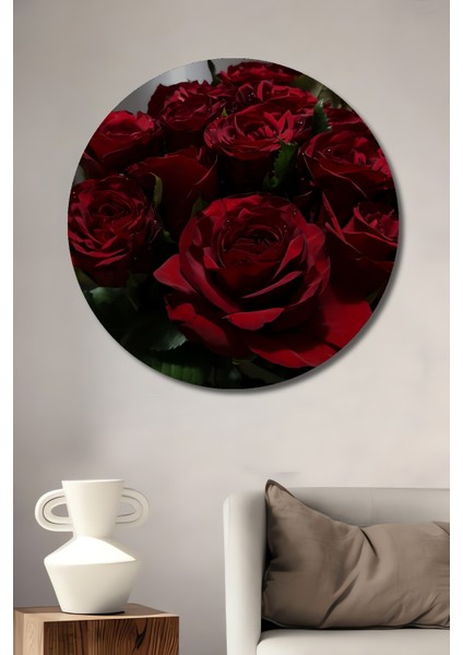 Kırmızı Gül Demeti Yağlı Boya Görünümlü Ahşap Dekoratif Tablo Yuvarlak Tablo