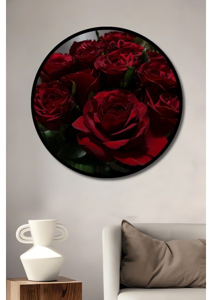 Kırmızı Gül Demeti Yağlı Boya Görünümlü Ahşap Dekoratif Tablo Yuvarlak Tablo fiyatları