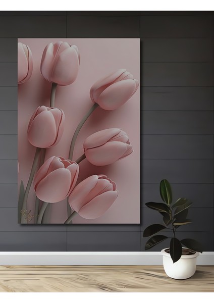 Pembe Lale Bahçesi Yağlı Boya Görünümlü Ahşap Dekoratif Tablo Dikdörtgen Tablo