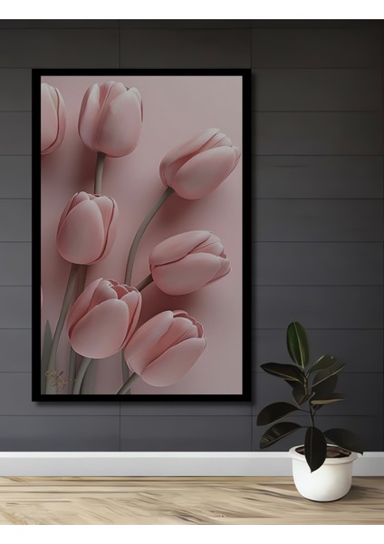 Pembe Lale Bahçesi Yağlı Boya Görünümlü Ahşap Dekoratif Tablo Dikdörtgen Tablo fiyatları