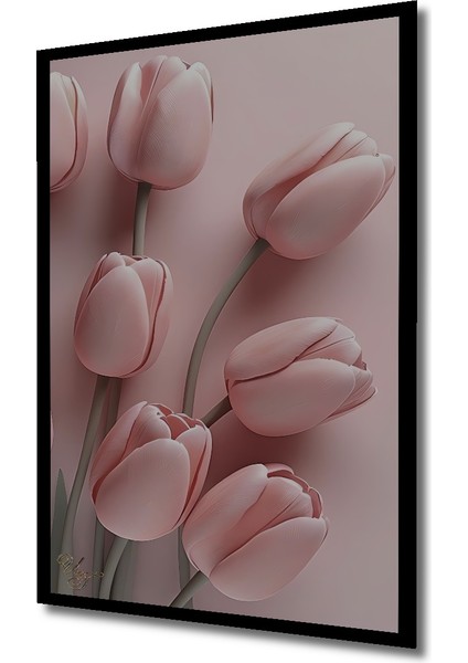 Pembe Lale Bahçesi Yağlı Boya Görünümlü Ahşap Dekoratif Tablo Dikdörtgen Tablo indirimleri