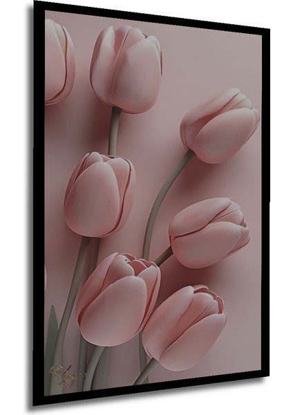 Pembe Lale Bahçesi Yağlı Boya Görünümlü Ahşap Dekoratif Tablo Dikdörtgen Tablo