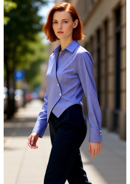 Kadın Kruvaze Kesim Çizgili Uzun Kollu Şık Gömlek Bluz Vücuda Oturan Tasarım Günlük Kombinler