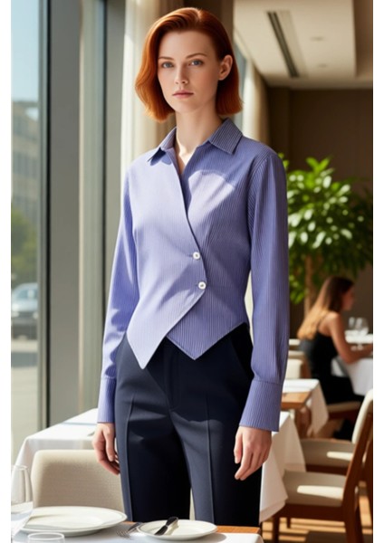 Kadın Kruvaze Kesim Çizgili Uzun Kollu Şık Gömlek Bluz Vücuda Oturan Tasarım Günlük Kombinler fiyatları