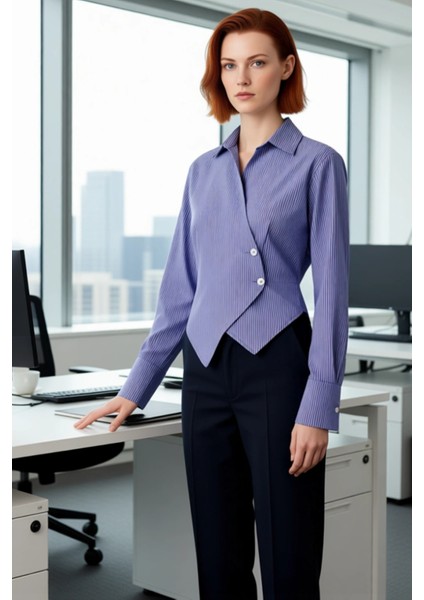 Kadın Kruvaze Kesim Çizgili Uzun Kollu Şık Gömlek Bluz Vücuda Oturan Tasarım Günlük Kombinler modelleri