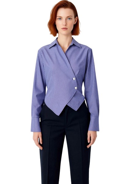 Kadın Kruvaze Kesim Çizgili Uzun Kollu Şık Gömlek Bluz Vücuda Oturan Tasarım Günlük Kombinler fırsatları