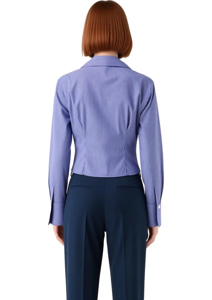 Kadın Kruvaze Kesim Çizgili Uzun Kollu Şık Gömlek Bluz Vücuda Oturan Tasarım Günlük Kombinler indirimleri