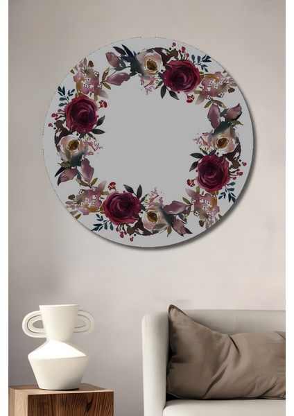 Koyu Bordo Gül Buketi Sulu Boya Görünümlü Ahşap Dekoratif Tablo Yuvarlak Tablo