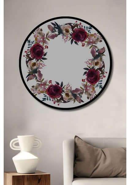 Koyu Bordo Gül Buketi Sulu Boya Görünümlü Ahşap Dekoratif Tablo Yuvarlak Tablo fiyatları