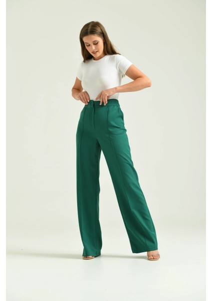 Kadın Pantolon Geniş Paça Likralı Cepli Düğmeli Kadın Pantolon Zümrüt - T019