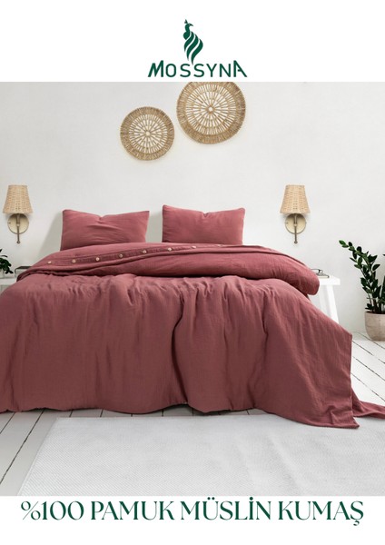 %100 Pamuk Müslin Çift Kişilik Nevresim Takımı - Boncuk Silikon Yastık Hediyeli (2 Adet)