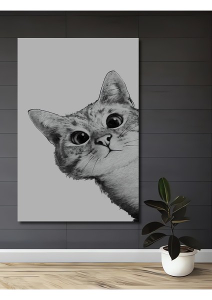 Sevimli Kedi Kara Kalem Görünümlü Ahşap Dekoratif Tablo Dikdörtgen Tablo