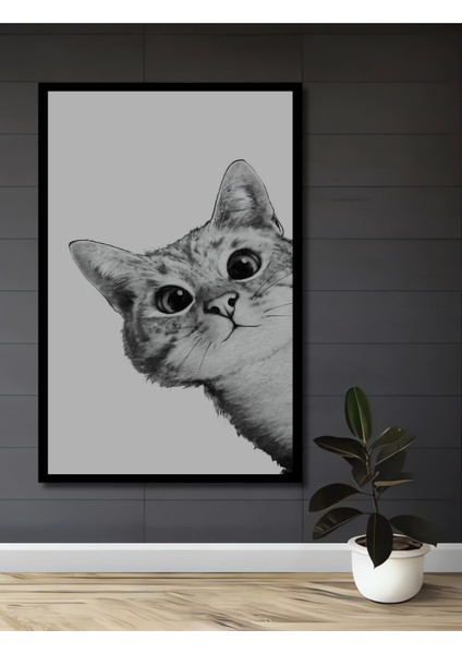 Sevimli Kedi Kara Kalem Görünümlü Ahşap Dekoratif Tablo Dikdörtgen Tablo fiyatları