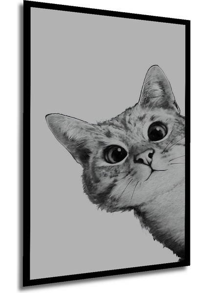 Sevimli Kedi Kara Kalem Görünümlü Ahşap Dekoratif Tablo Dikdörtgen Tablo