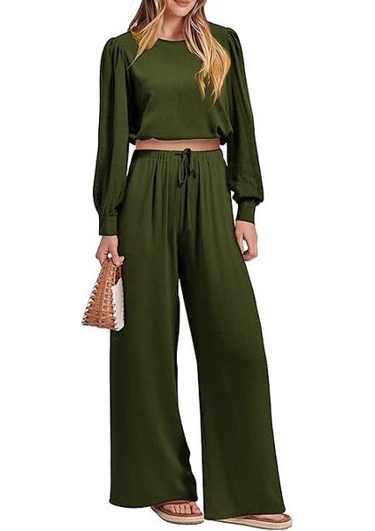Keten Yazlık Yüksek Bel Pantolon Balon Kol Tasarım Bluz İkili takım Alt Üst