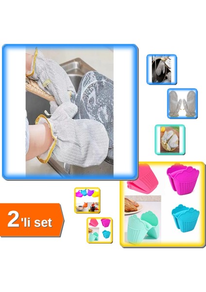 2 Adet Bulaşık ve Ovma Eldiveni + Silikon Fırın Eldiveni Kaymaz Su Geçirmez - 2li Set G7H8J9