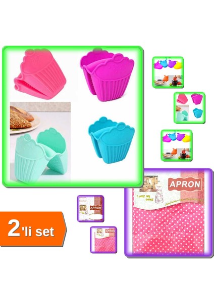 Silikon Fırın Eldiveni - Yanmaz - Su Geçirmez 1 Adet + Pratik Mutfak Önlüğü 1 Adet - 2li Set L9M5R8