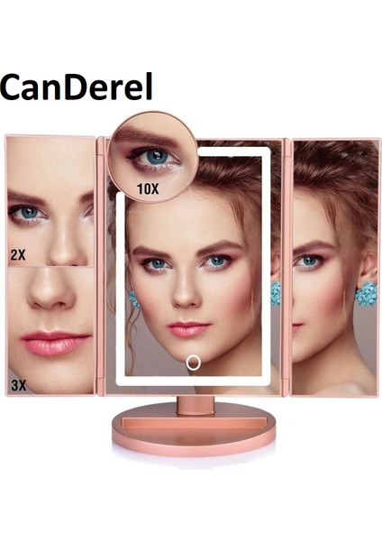 24 LED Işıklı Masa Üstü Profesyonel Makyaj Aynası Katlanabilir 1X-2X-3X+10X Hd Zoomlu Pembe
