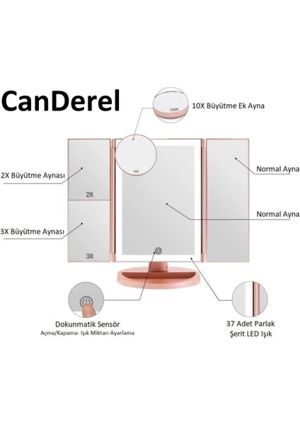 24 LED Işıklı Masa Üstü Profesyonel Makyaj Aynası Katlanabilir 1X-2X-3X+10X Hd Zoomlu Pembe fiyatları