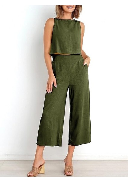 Keten Yazlık Yüksel Bel Capri Pantolon Sırt Detaylı Kolsuz İkili Takım