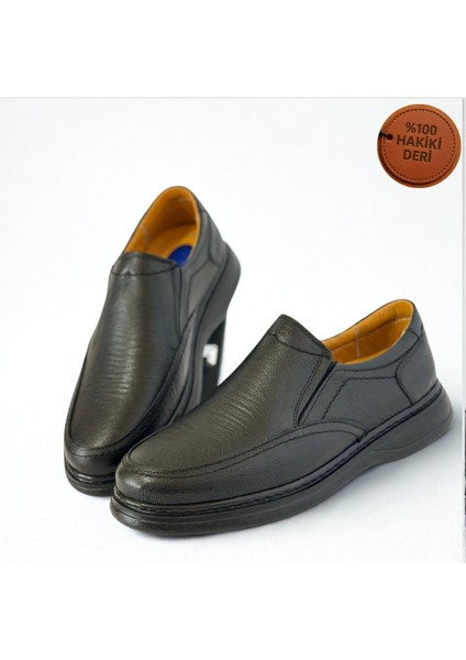 Erkek Hakiki Deri Ultra Rahat Ortapedik Taban Jelli Siyah Günlük Baba Ayakkabısı