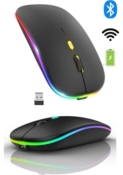 Çift Mod Kablosuz Mouse Bluetooth 5.2 + 2.4g Şarjlı Sessiz Tıklama Rgb Işıklı (500 Mah)Siyah