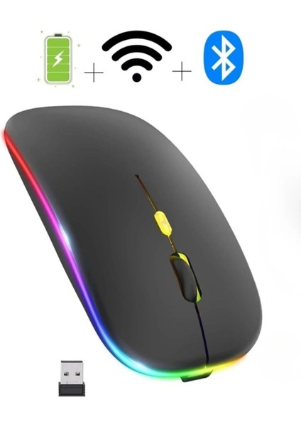 Çift Mod Kablosuz Mouse Bluetooth 5.2 + 2.4g Şarjlı Sessiz Tıklama Rgb Işıklı (500 Mah)Siyah modelleri