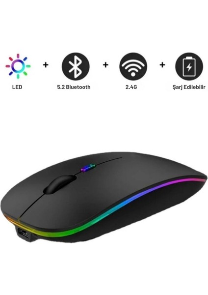 Çift Mod Kablosuz Mouse Bluetooth 5.2 + 2.4g Şarjlı Sessiz Tıklama Rgb Işıklı (500 Mah)Siyah fırsatları
