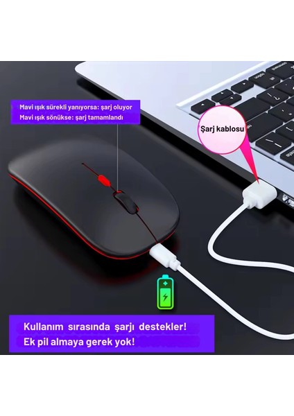 Çift Mod Kablosuz Mouse Bluetooth 5.2 + 2.4g Şarjlı Sessiz Tıklama Rgb Işıklı (500 Mah)Siyah indirimleri