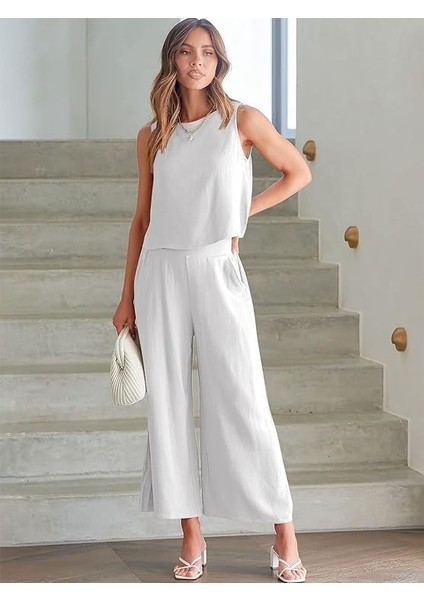 Keten Yazlık Yüksel Bel Capri Pantolon Sırt Detaylı Kolsuz İkili Takım fırsatları
