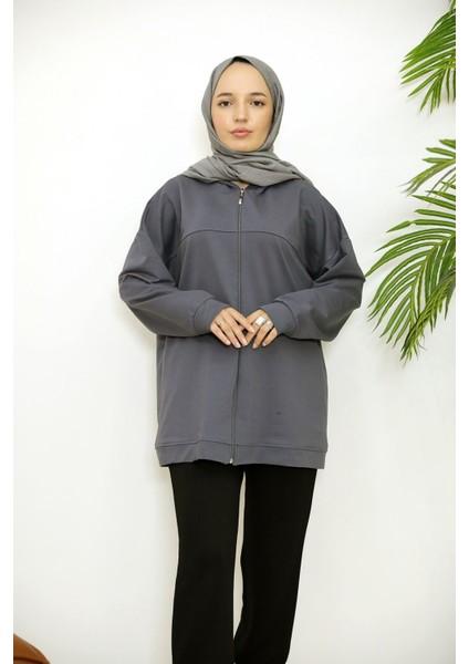 Kapşonlu Fermuar Detay Hırka-Antrasit