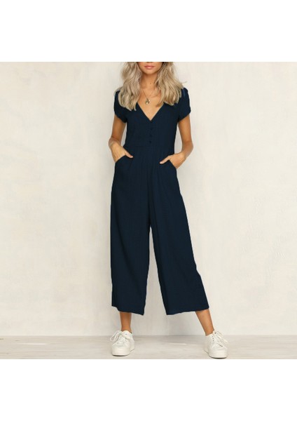 Keten Günlük Yazlık V Yaka Kısa Paça Tasarım Kadın Tulum fırsatları