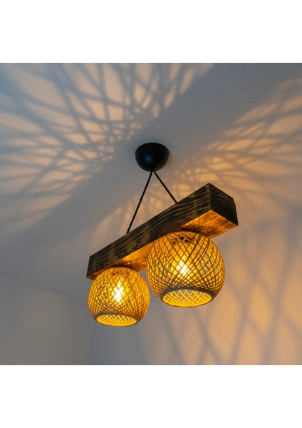 İkili Rustik Ahşap Avize El Yapımı Bohem Doğal Ahşap Tasarım Iskandinav Dekor Lamba Halatlı Sarkıt