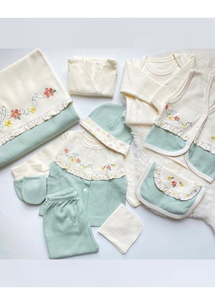 Kız Bebek 10’lu Hastane Çıkış Seti - Çiçek Nakışlı Fırfır Detaylı - %100 Pamuk fiyatları