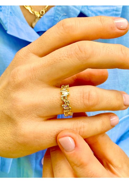 Baget Zirkon Taşlı Altın Renk Ayarlanabilir Tamtur Yüzük