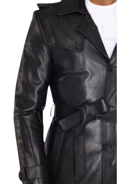 Valdes Hakiki Deri Erkek Siyah Kuşaklı Trençkot fırsatları