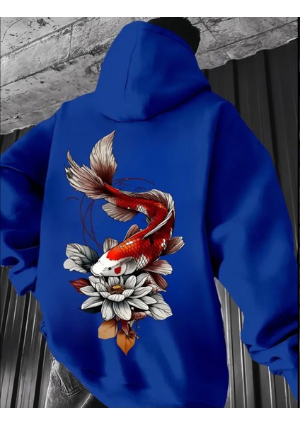 Büyük Beden Özel Tasarım Kapüşonlu Koi Balığı Sırt Baskılı %100 Pamuk Oversize Erkek Sweatshırt