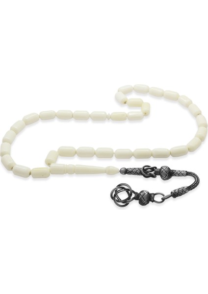 1000 Ayar Gümüş Kazaz Püsküllü Uçlu Kapsül Kesim Beyaz Renk Deve Kemiği Tesbih