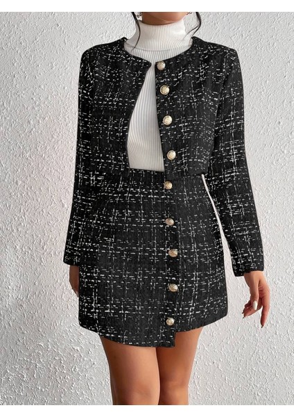 Kadın Uzun Kollu Önü Düğmeli Şanel Ceket ve Etek Takım
